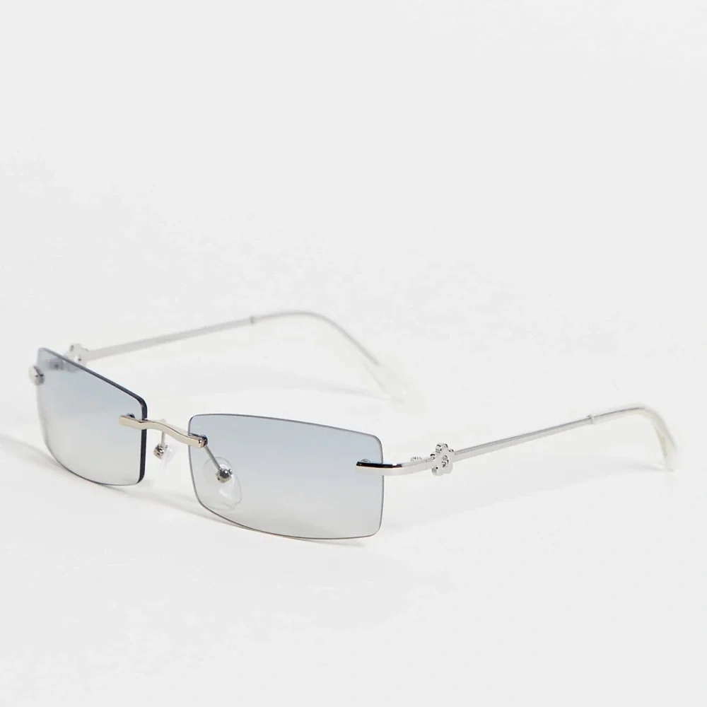 ASOS DESIGN rimless 90s sunglasses in smoke lens with 90s temple detail